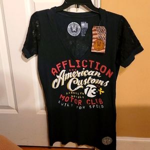 NWT NEW Affliction Brooklyn Royals Motors 2 sided tee shirt with lace sleeves